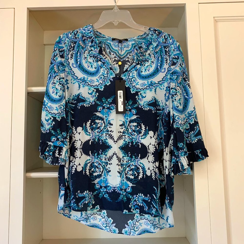 Kobi Halperin Nina Floral Ruffled Blue Silk Blouse